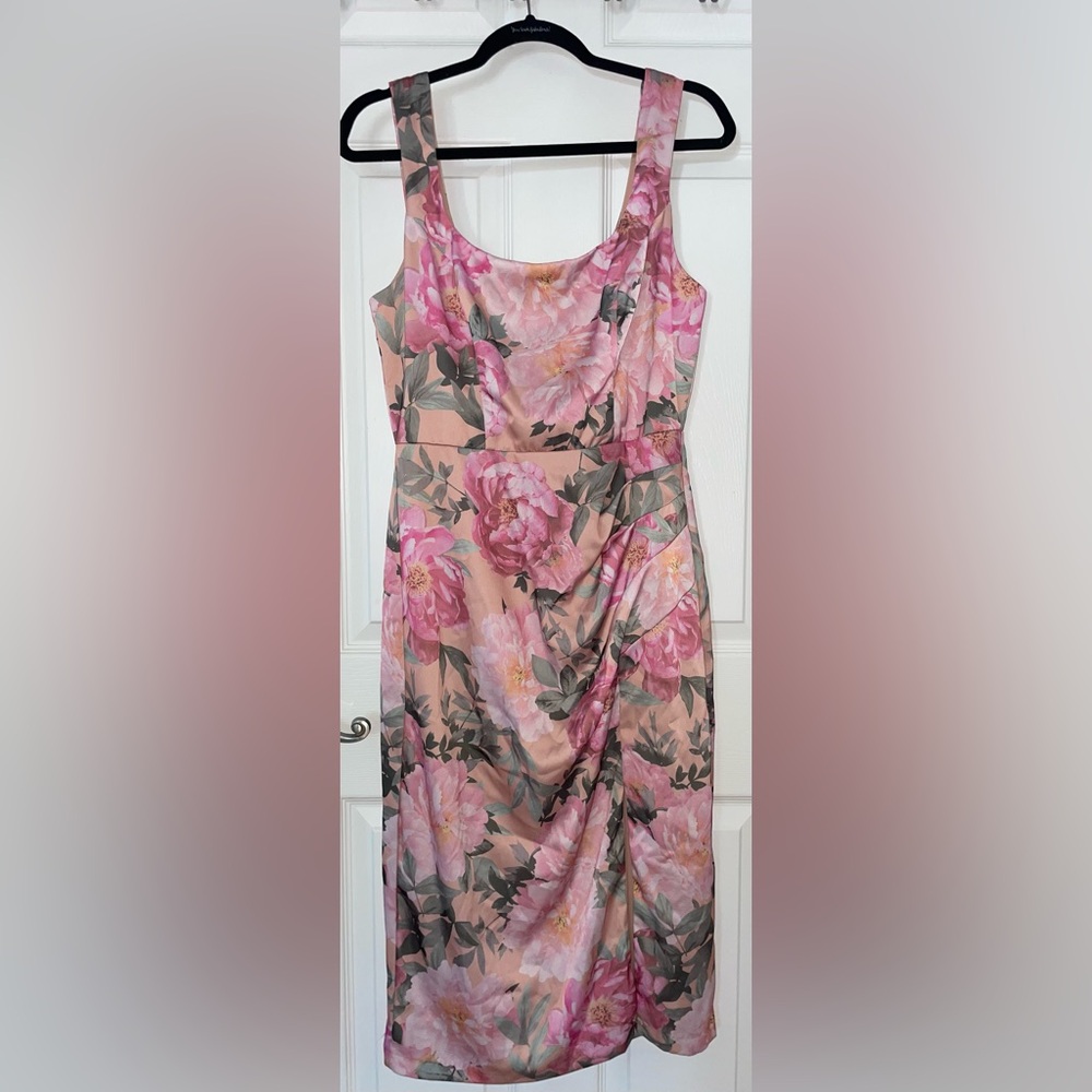 Premier Amour Pink Floral Midi Dress with Green Leaves NWT size 8